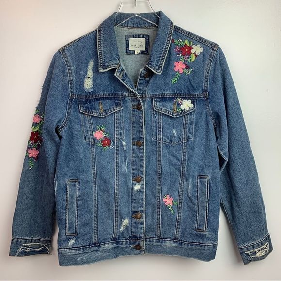 Wax Jean Jackets & Blazers - Embroidered Distressed Jeans Jacket
